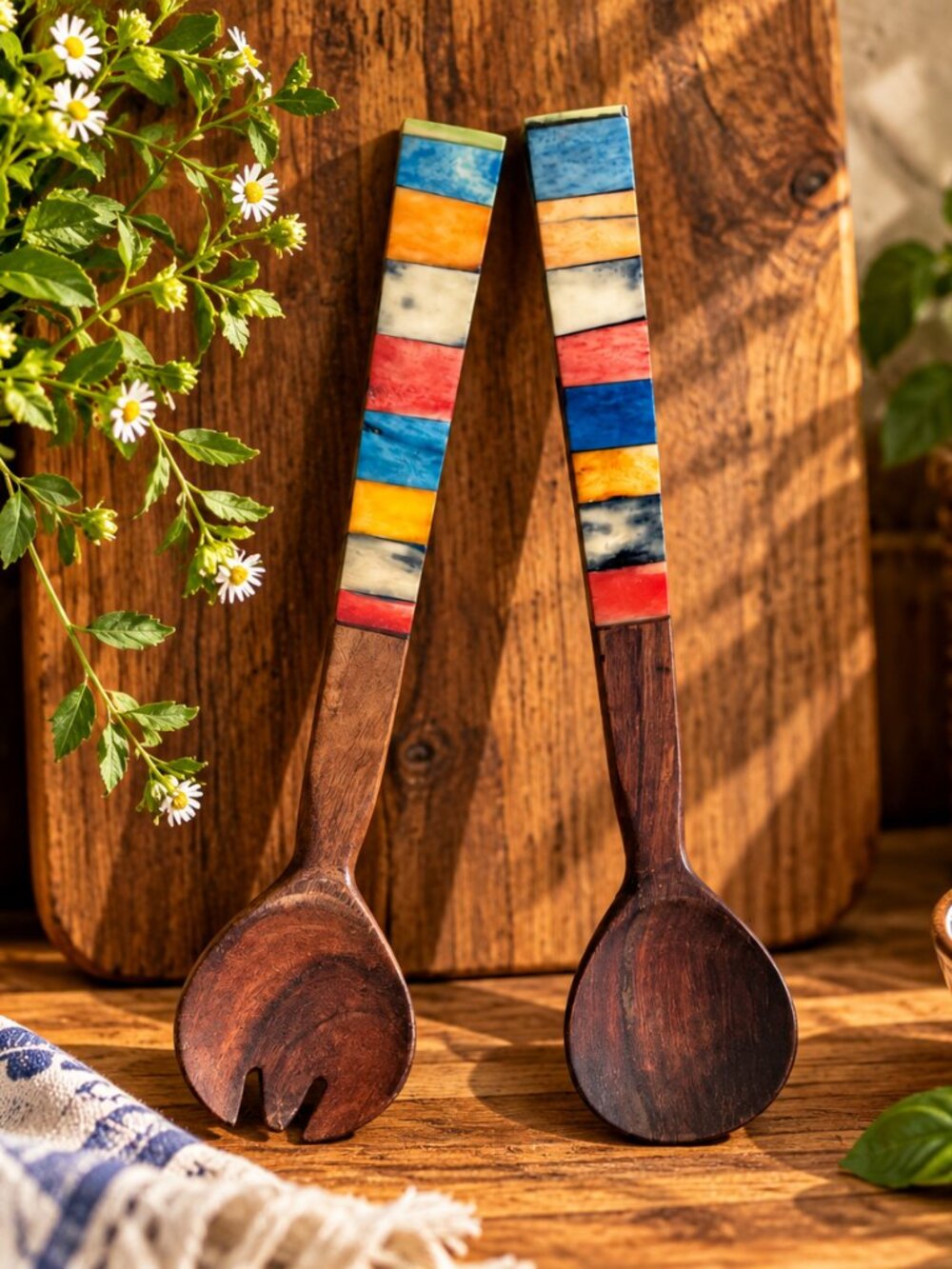Vintage Boho Wooden Salad Servers Set – Colorful Inlaid Handles